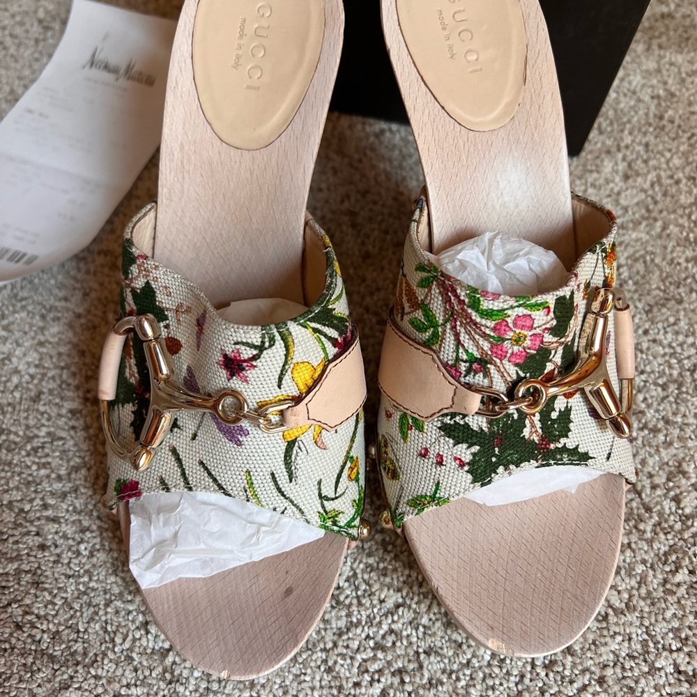 Gucci Floral Canvas Wooden Heels Women’s Size 8 Cream Floral Print Pattern - Picture 8 of 15